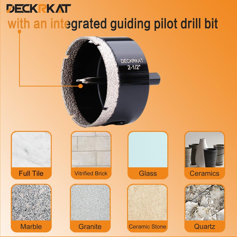 DECKRKAT 2-1/2 Inch Diamond Hole-Saw Bits with Pilot Drill Bit - 2pc 2-1/2"" Diamond Tipped Tile Hole Saws with Guiding Bit Accurate Drilling for Porcelain Tile Ceramic Pottery Granite Stone Glass Bottles 65mm - Image 5